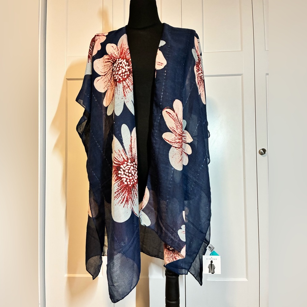 Jessica McClintock One Size Navy and Pink Floral Kimono Shawl NWT sparkle Cover